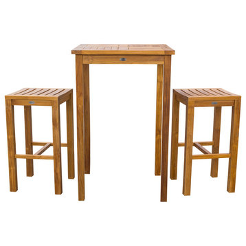 3-Piece Teak Wood Havana Small Patio Bar Set with 27" Square Table and 2 Barstoo