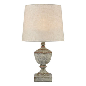 Regus Outdoor Table Lamp, Gray and Antique White and Linen Fabric Shade