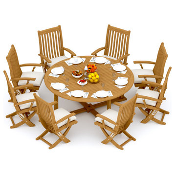 9-Piece Outdoor Teak Dining Set: 72" Round Table, 8 Warwick Folding Arm Chairs