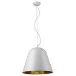 Trend Lighting - Knell 1-Light White Pendant - Bigger doesn't always mean better, but when it comes to statement-making lighting, Knell is the best.  Featuring a large, bell-shaped shade of metal and wire/cord suspension, Knell craves a large kitchen island overhead to call home.  Available in a black with copper interior or a white with gold leaf interior finish.