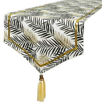Decorative Table Runner Black Cotton 14"x90", Leaf, Gold Glitter, Tassels- Panra