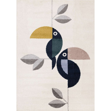 Kids Collection Cream Double Bird Design Rug, 3'11"x5'7"