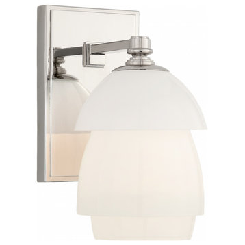 Whitman Bathroom Wall Sconce, 1-Light, Polished Nickel, White Glass, 8.5"H
