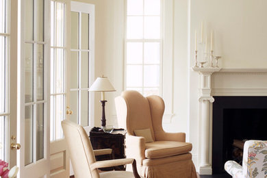 Living room - large traditional formal and open concept medium tone wood floor living room idea in DC Metro with white walls, a standard fireplace, a stone fireplace and no tv