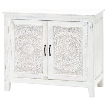 32" Distressed White Bohemian Mandala Lace Hand Carved Accent Cabinet