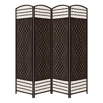 Espresso Brown Paper Straw Weave 4-Panel Screen on Legs, Handcrafted