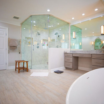 Master Bathroom With Stand Point Tub, Big Shower Space, Double Sink & Cabinets