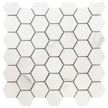 Mosaic Tile Rectified Porcelain Calacatta Hexagon, Soft White