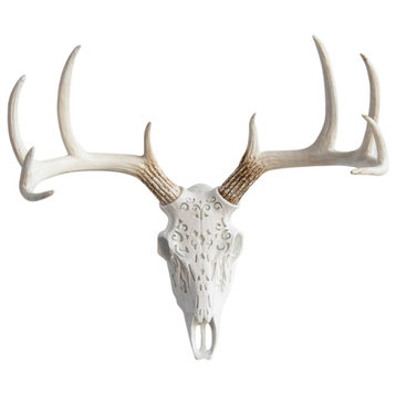Faux Deer Skull Native American Carving Wall Decor, White and Natural