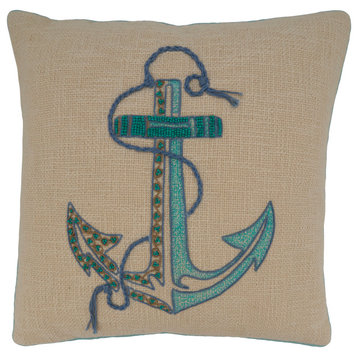 Down-Filled Throw Pillow With Embroidered Anchor Design, 18"x18", Aqua