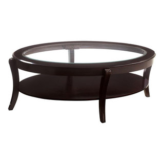 Transitional Coffee Table, Curved Legs With Shelf, Inverted Glass Top ...