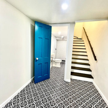 Basement Bathroom Addition with Custom Storage Shelves