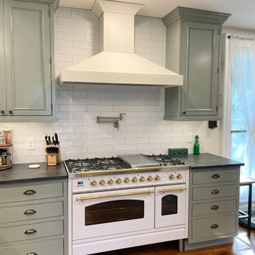 Light Green Custom Inset Kitchen With Virginia Mist Granite Counters