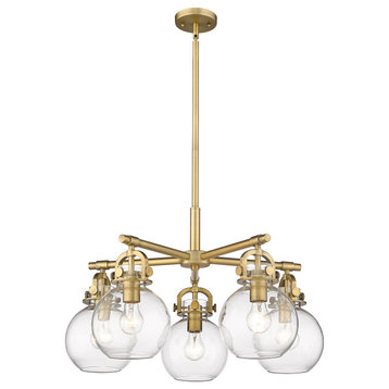 Newton Sphere, 5 Light 7" Stem Hung Chandelier, Brushed Brass, Clear Glass