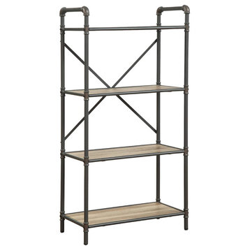Benzara BM184753 Three-Tier Metal Bookshelf With Wooden Shelves Oak Brown & Gray