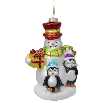 5.5" Snowman With Penguins Hanging Glass Christmas Ornament