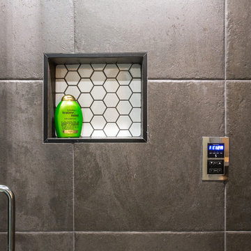 Golden Wood & Dark Charcoal Bathroom with Luxurious Steam Shower