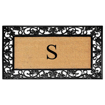 A1HC Floral Border Black 18x30 Rubber and Coir Heavy Duty Monogrammed Doormat, S