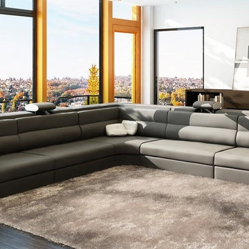 Grey and White Leather Sectional Sofa with Adjustable Headrests