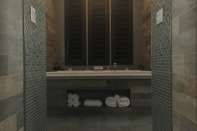 Drop-in bathtub - mid-sized asian master multicolored tile and porcelain tile porcelain tile drop-in bathtub idea in Las Vegas with quartzite countertops and gray walls