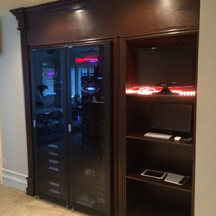 Photo of a medium sized mediterranean enclosed home cinema in Atlanta with beige walls and terracotta flooring.