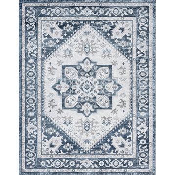 Roselyn Traditional Medallion Area Rug, Blue/White, 4' X 5'3''