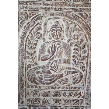 Consigned Carved Buddha Barndoor, Sliding Door, Whitewash, Artistic Door
