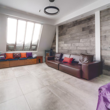 Modern living room with concrete panel walls
