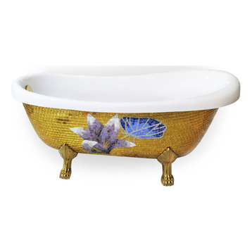 Free Standing Bathtub, Gold Mosaic and Gold Feet, With Drain