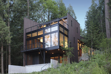 Mid-sized modern three-storey brown exterior in Seattle with wood siding.