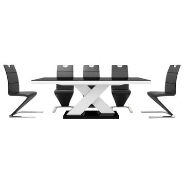 XENA Dining Set, Black/White Table/ Black Chairs