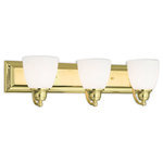 Livex Lighting - Handblown Satin Opal Bath Light, Polished Brass - Bring a beautiful new look to your bathroom or vanity area with this charming three light bath fixture. A wide rectangular backplate in polished brass finish supports three simple arms that hold three glass shades in hand blown satin opal white glass.