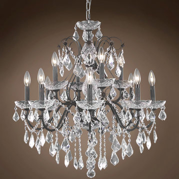 Heritage 12 Light 28" Deep Iron Chandelier With Clear European Crystals