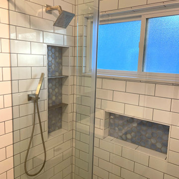 BATHROOM - Complete Remodel Tub-to-Shower White Cabinets, White Hex Floor