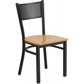 HERCULES Series Black Grid Back Metal Restaurant Chair, Natural Wood Seat