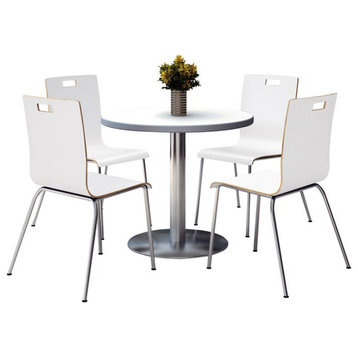 KFI Round 42" Pedestal Table - 4 White Stacking Chairs - Crisp Linen Top