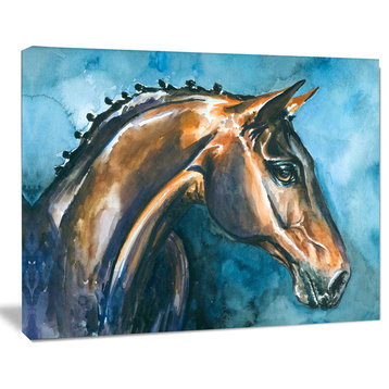 Brown Horse on Blue Watercolor, Abstract Canvas Art Print, 60"x28"