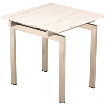 Louve Side Table, Square Marble Top End Table, Brushed Stainless Steel Base, Whi