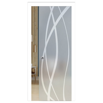Pocket Glass Sliding Door With Frosted Lines Design, 34"x81", Recessed Grip, Full-Private