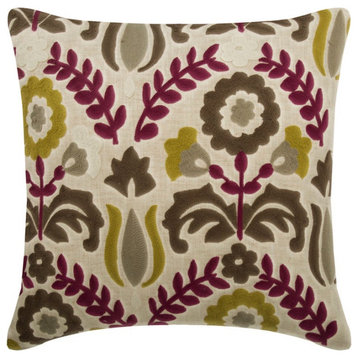Decorative 16"x16" Embroidery Beige & Multi Linen Pillow Covers - Folk Art