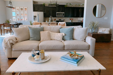 Living room - large contemporary formal and open concept ceramic tile living room idea in Dallas with gray walls and a corner fireplace