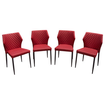 4-Pack Dining Chairs, Red Diamond Tufted Leatherette, Black Powder Coat Legs