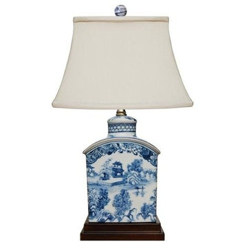Chinese Blue and White Blue Willow Porcelain Tea Caddy Table Lamp, 17.5"