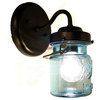 Vintage Blue Mason Jar Sconce Light, Antique Black