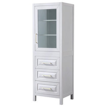 Daria White Linen Tower, Brushed Gold Trim, Shelved Cabinet Storage, 3 Drawers