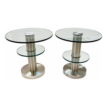 Gio Ponti 1990s Fontana Arte Pair of Clear Glass and Nickel Round Side Tables