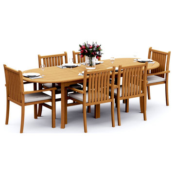 7-Piece Outdoor Teak Dining Set, 94" Oval Table, 6 Cahyo Stacking Arm Chairs