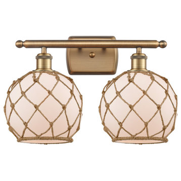 Farmhouse 2-Light Bath Vanity-Light, Brushed Brass, White Glass With Brown Rope