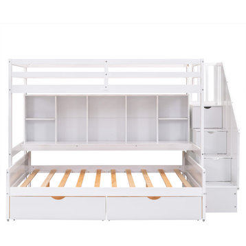 Gewnee Twin XL over Full Bunk Bed with Built-in Storage Shelves in White
