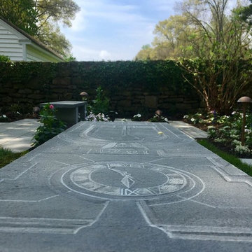 Bluestone Bench Garden Feature: Lenapi Hall Clock: Garden Perspective